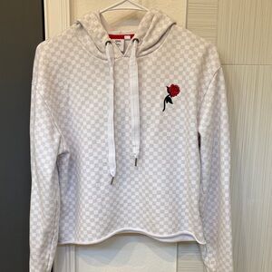 VANS Checkerboard Crop Hoodie with Embroidered Red Rose